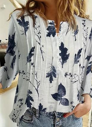 Стильная блуза, рубашка, р. s, наш 42-44, белая с синими листьями