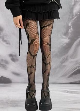 Колготки сітка чорна з кажанами готика гранж рок панк