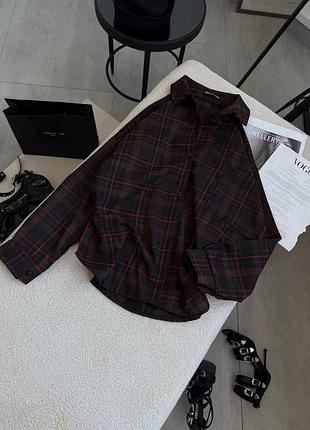 Стильна жіноча класична рубашка сорочка у клітинку шоколад коричнева костюмний тіар