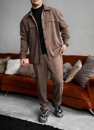 Стильний демісезонний костюм сорочка і штани замш-котон вільного крою осінній весняний чоловічій з довгим рукавом без манжетів повсякденний якісний