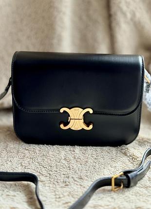 Сумка жіноча seline teen triomphe bag in shiny calfskin black/gold чорна селін крос боді класична