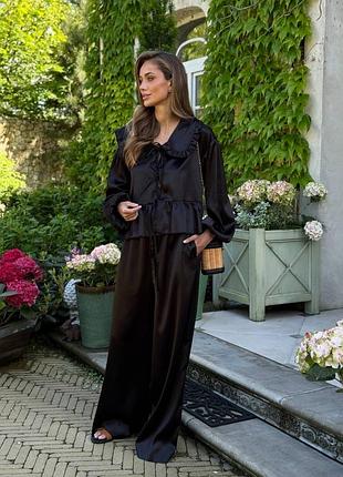 Шелковый сатиновый костьм топ блуза с воротником и брюки штаны