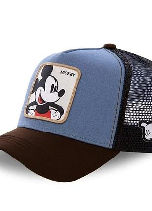 Кепка тракер логотип mickey mouse (микки маус, мультики disney) с сеточкой голубой, унисекс wuke one size