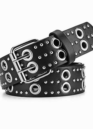 Ремень на пояс из экокожи заклепки 3 ряда с люверсами и металлической пряжкой черный, унисекс wuke