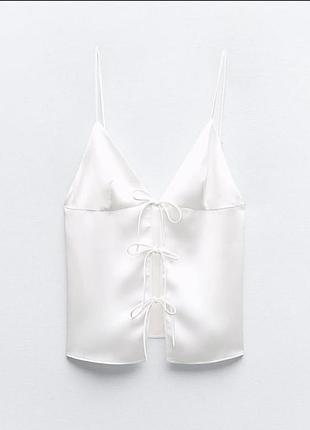 Zara 🤍 білий сатиновий топ з бантиками