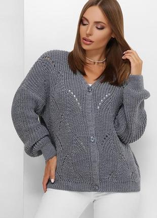 Кофта женская, вязанная, однотонная, на пуговицах, шерстяная, цвет- светлый джинс