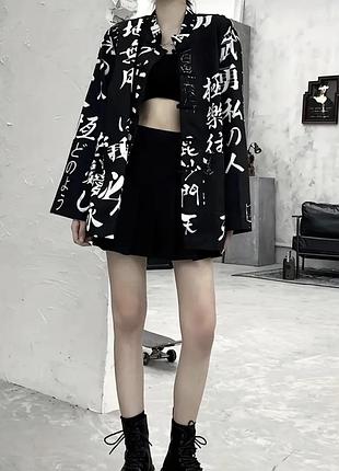 Вінтажна блузка в кімоно в китайському стилі з карманами, довгими рукавами, на пуговицах, чорно-білий японський принт