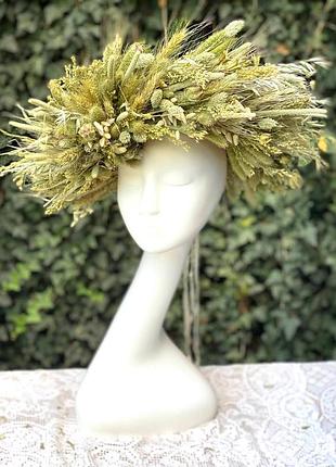Вінок на голову з сухоцвітів ніжно оливково-зеленого кольору