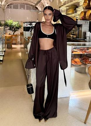 Костюм жіночий шовковий сорочка кімоно з поясом і штани палацо святковий вечірній піжамний стильний коричневий шоколадний