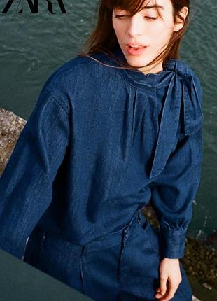 Zara джинсовая рубашка zw collection с завязками