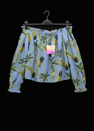 Новая блузка с открытыми плечами "missguided" голубая с ананасами, uk12/eur40.