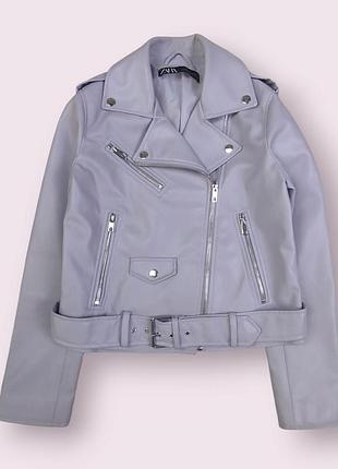 Кожаная куртка косуха женская сиреневая zara, размер m, демисезонная