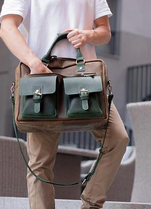 Мужской саквояж из натуральной телячьей кожи, сумка кожаная зеленая для ноутбука