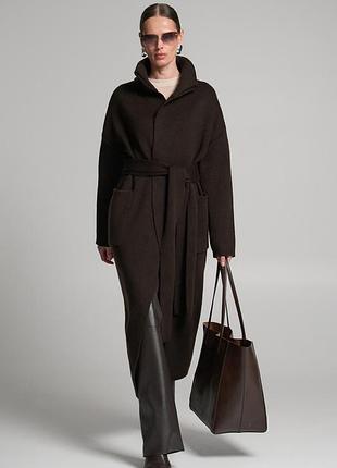 Шоколадне в’язане пальто-кардиган з преміальної вовняної пряжі