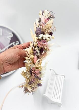 Віночок із сухоцвітів у лілових, рожевих та айворі тонах — ручна робота