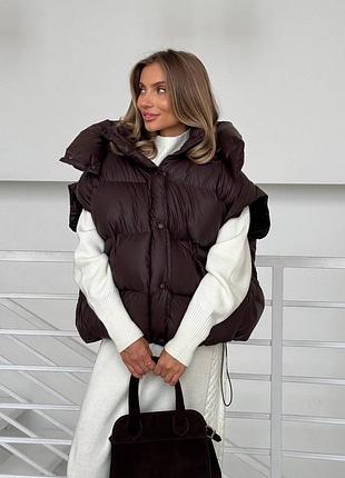 Дутый пуффер пуховик с капюшоном трансформер жилет