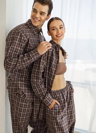 Тепла чоловіча піжама в клітинку oliver байка коричнева 20955 шоколад відмінна на подарунок