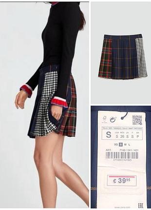 Нова спідниця в дрібну складку zara patchwork tartan plaid pleated mini skirt,  p. s
