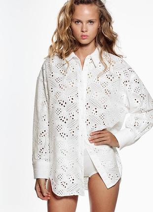 Сорочка з прошви zara вишивка мереживо кроше рішельє рубашка блуза 100% бавовна