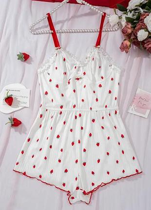 Секси ромпер в клубничке белый боди сексуальную женскую для сна пижама комбинезон комбез для дома домашнюю одежду
