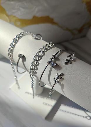 Набор женских браслетов из пяти штук в серебристом цвете, бижутерия