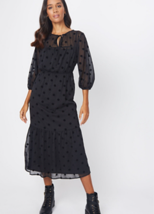 Полупрозрачное черное миди платье в горошек р.42