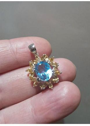 Підвіска срібна топаз блакитний натуральний цитрин 925проба позолота білим золотом кулон з напів драгоцінним камінням