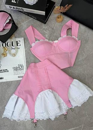 Костюм жіночий топ із чашками пушап і спідниця з мереживом святковий вечірній романтичний комплект рожевий білий