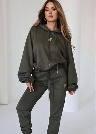 Спортивний костюм жіночий повсякденний базовий на осінь осінній бежевий хакі коричневий з капюшоном батал