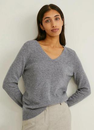 Кашемировый серый свитер джемпер ✨elle✨ кашемир пуловер кофта с v-образным вырезом надписью