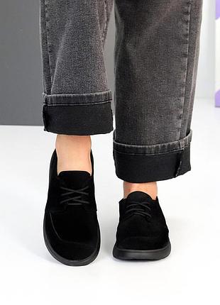 Анатомические женские туфли на шнуровке натуральная замша черные, замшевые женские кеды, мокасины 25107