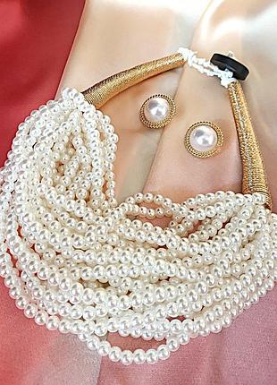 Комплект акцентное колье - чокер и серьги золотистые -белые sku 03711