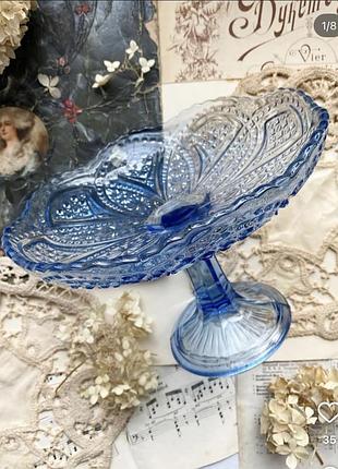 Кльош!🍑🍐🍎 ваза для фруктів на високій ніжці гранована кобальтова морозний візерунок фруктовниця