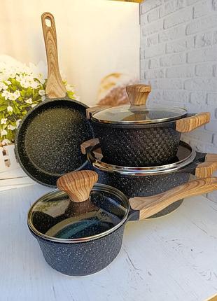 Набор кухонной посуды styleberg st-3035 с мраморным антипригарным покрытием 7 предметов черный