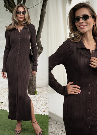 Коричневое вязаное платье оверсайз на пуговицах с разрезами 100% хлопок 6 цветов