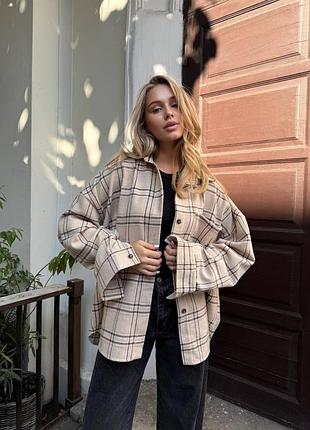 Женская оversize рубашка в клетку из байки 🤍 теплая, стильная, в тренде | беж, серый, красный | размер oversize | мод.1042