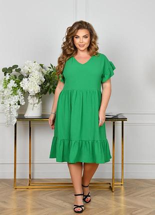 Стильна сукня міді вільного крою з коротким рукавом плаття великих розмірів 48-66 зелена