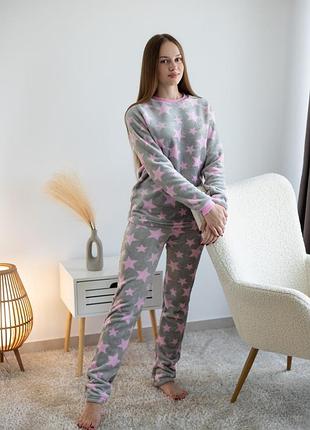 Женская теплая махровая плюшевая пижама, домашний комплект для женщин велсофт в звезды, звездочки, космическая