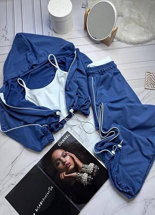 Спортивний жіночий костюм трійка штани висока посадка кофта фіксується на затяжках топ якісна двонитка та еластичний мікродайвінг синій червоний