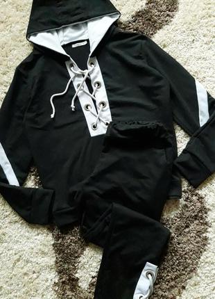 Эксклюзивный спортивный фитнес костюм худи/джоггеры exclusive black&white.5 фото