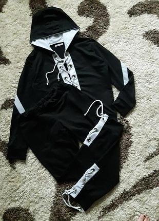 Эксклюзивный спортивный фитнес костюм худи/джоггеры exclusive black&white.6 фото