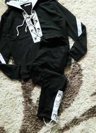 Эксклюзивный спортивный фитнес костюм худи/джоггеры exclusive black&white.7 фото