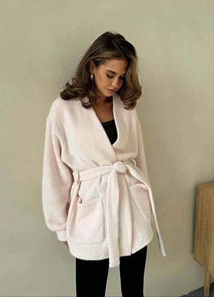 Накладной платеж ❤ мягкий теплый оверсайз кардиган на запах под пояс с карманами травка пушистый