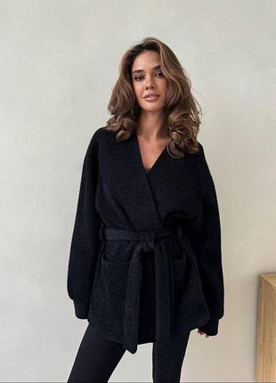 Накладний платіж ❤ мякенький теплий оверсайз кардиган на запах під пояс з кишенями травка пухнастий