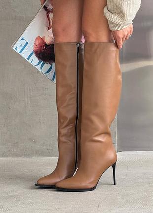 Високі чоботи на шпильці жіночі натуральна шкіра горіх