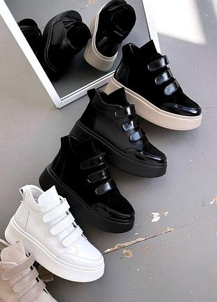 Високі кеди на липучках з натуральної шкіри та замші на платформі жіночі чорні білі бежеві