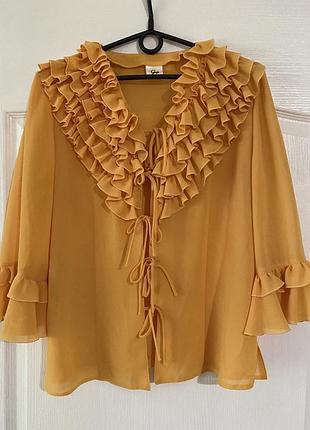 Нова шикарна блуза з рюшами по переду та на рукавах.завʼязки на бантики з верху до низу. віскоза та поліестер. розмір 48l