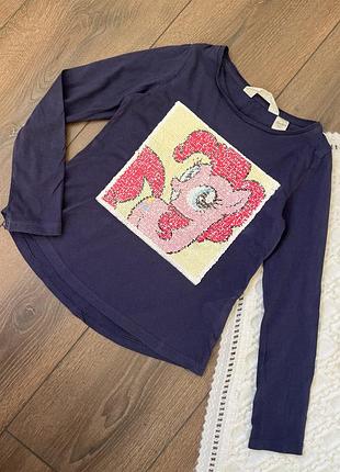 Синій лонгслів кофта реглан з паєтками для дівчинки 122 128 6 7 8 років hm my little pony мої маленькі поні