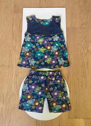Легкий красочный летний костюм бома: сарафан+шорты для девочки 1-1,5 года