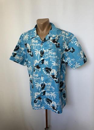 George голубая гавайка тенниска пляжная гавайская летняя пляжная свободная принт пальмы цветы пляж хлопок
